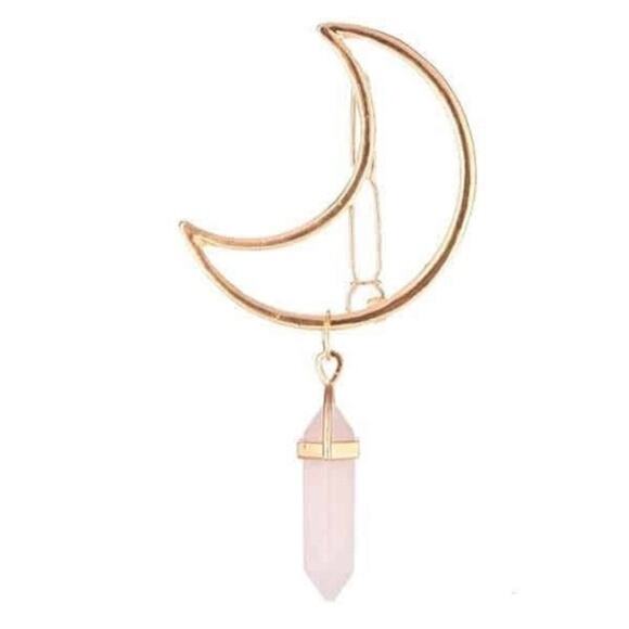 None and/or Unknown Accessories - Crystal Crescent Moon Rose Quartz Pendant Hair Clip Barrette